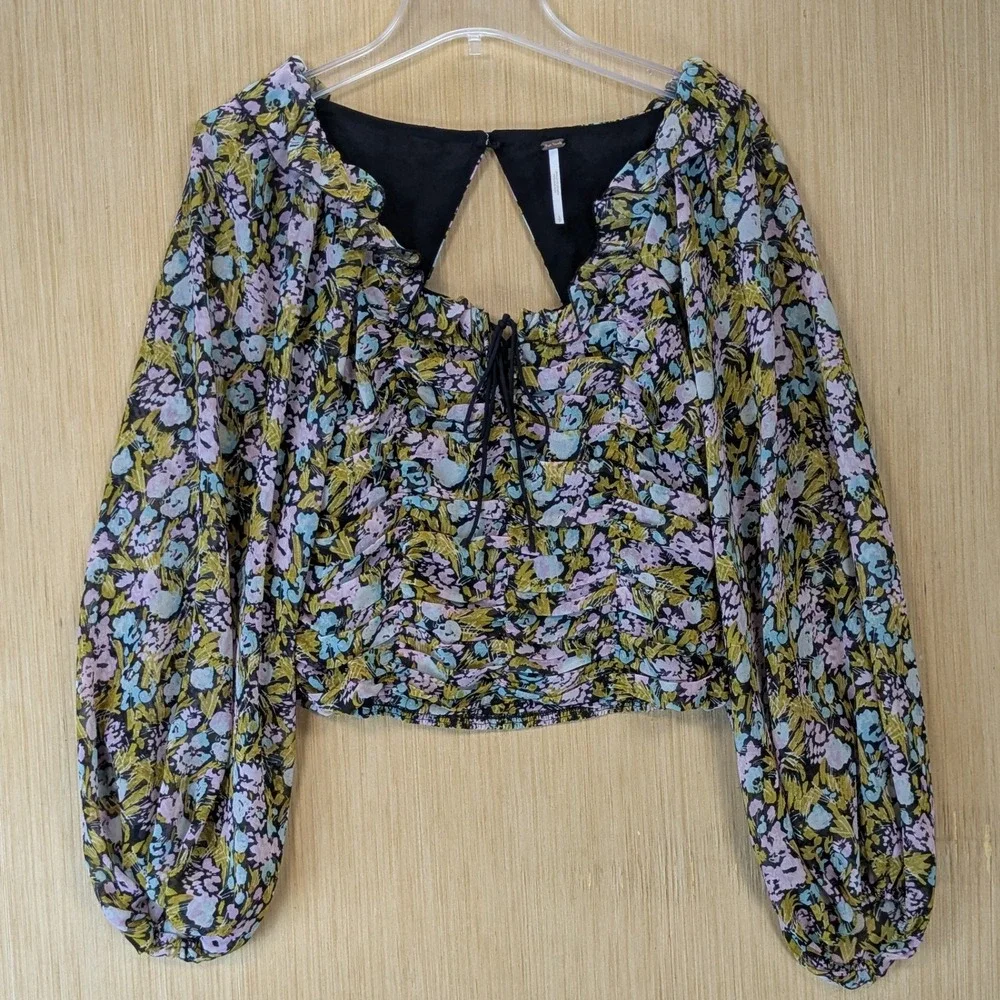 Free People Boho Fairy Grunge Floral Smocked Cutout Crop Top Long Sleeve Small